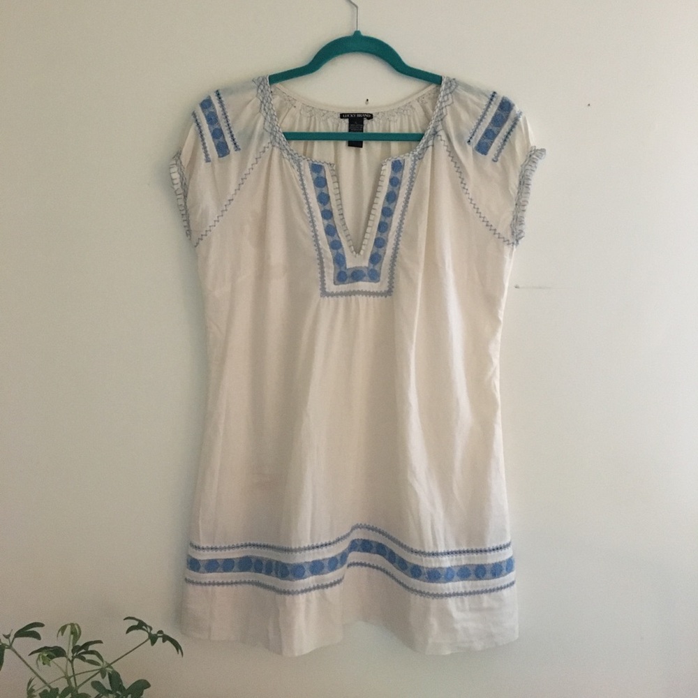 Lucky Brand White Tunic with Blue Embroidery